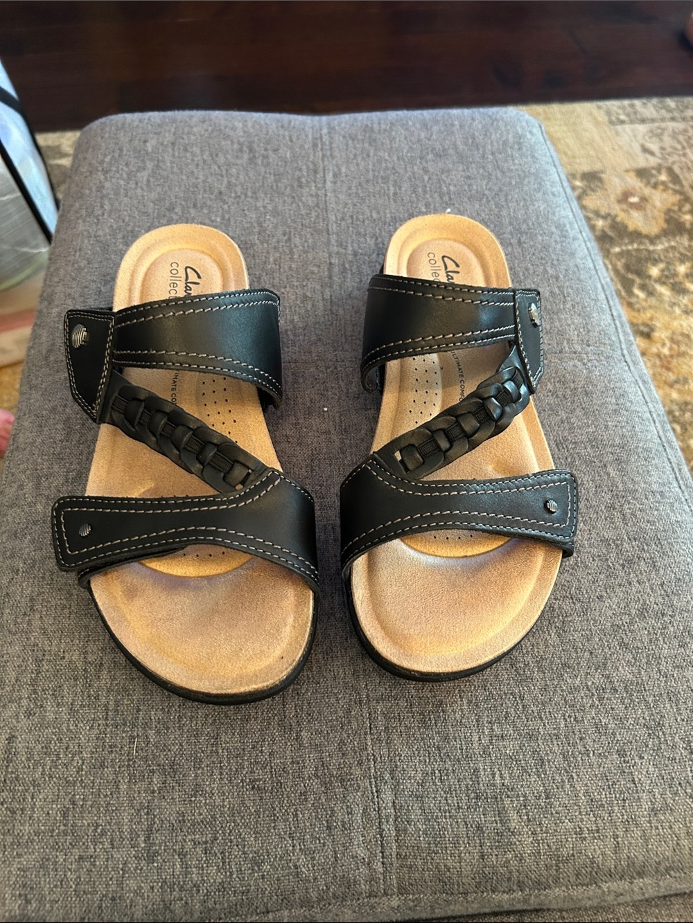 Clarks Black Braided Strap Slide Sandals
